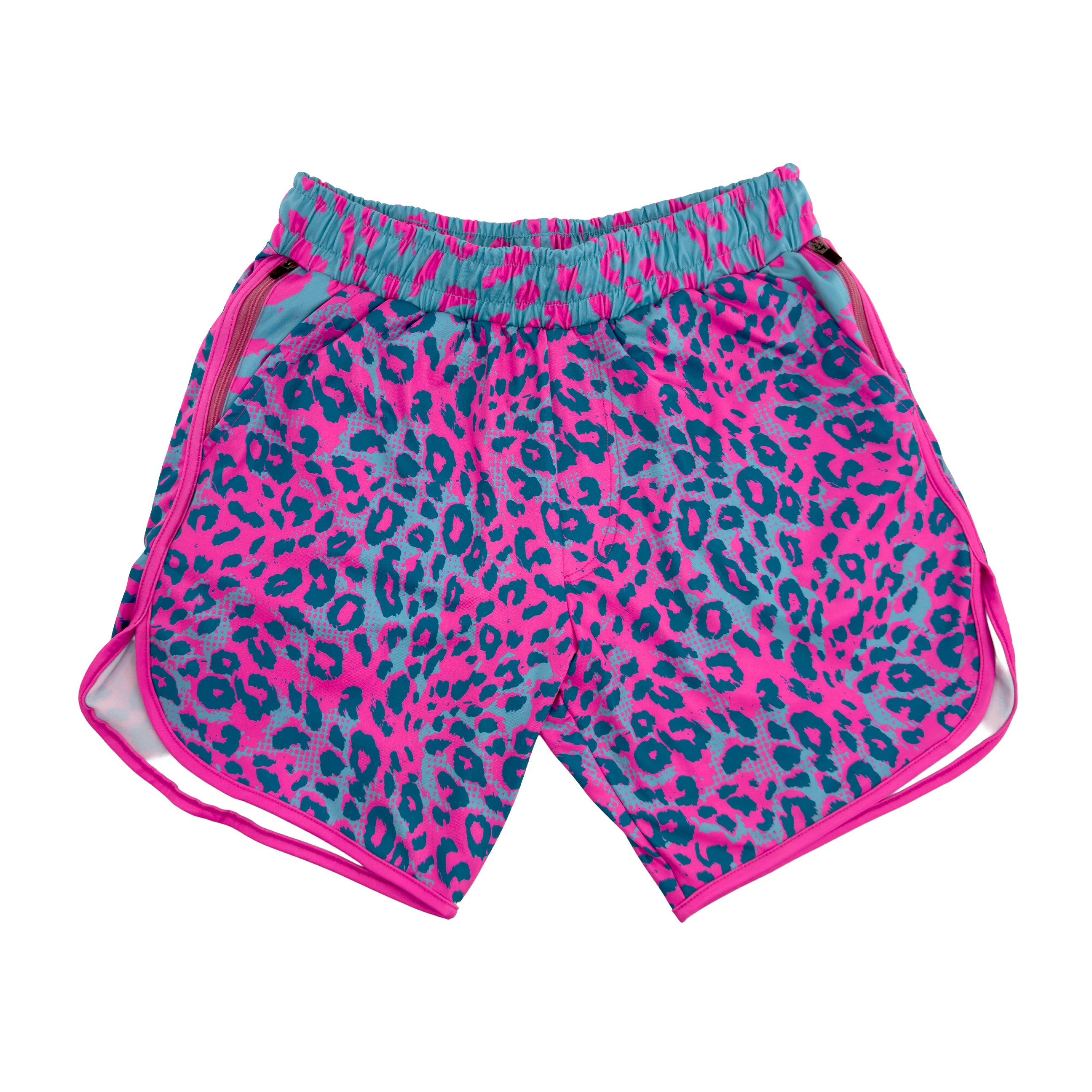 Neon Cheetah UV rave shorts with bold animal print that glows under blacklight for festivals