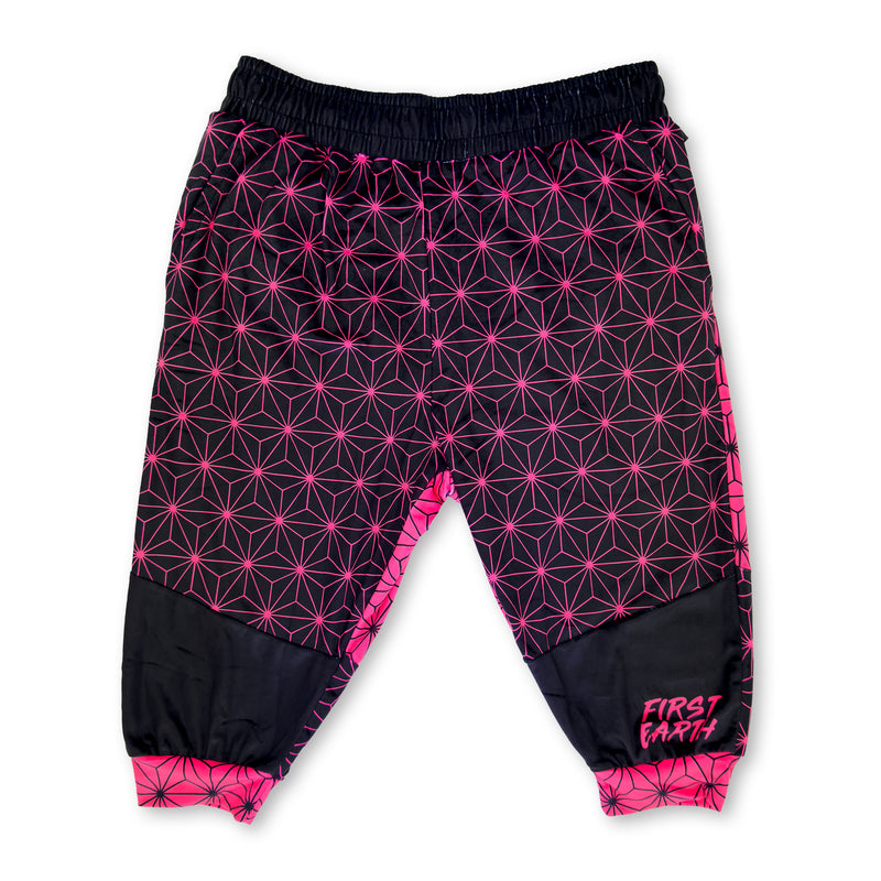 First Earth Asanoha Pink UV velvet 3/4 jogger shorts front with pink geometric pattern and black accents