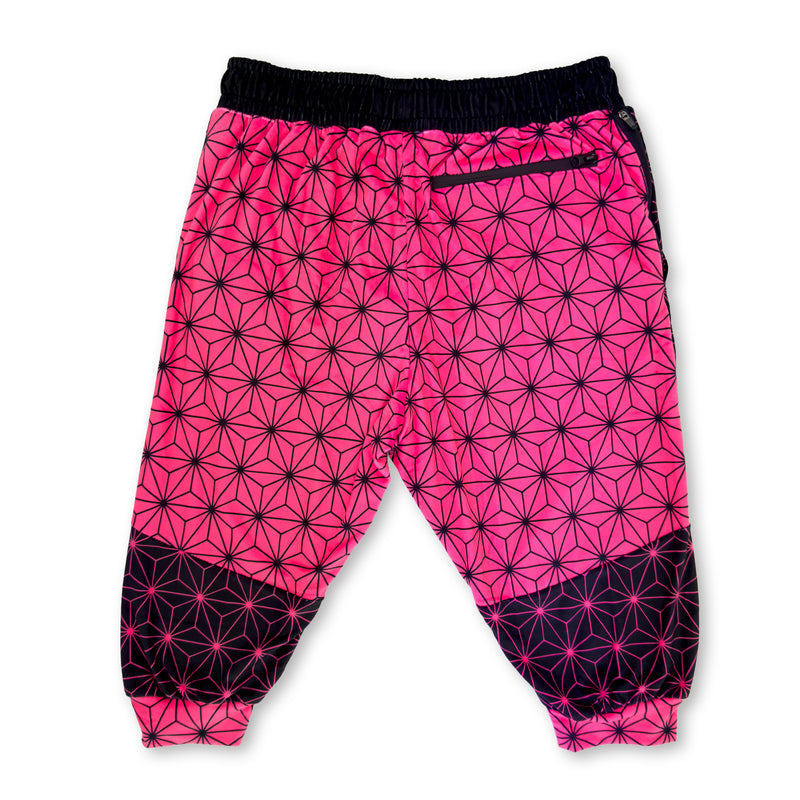 First Earth Asanoha Pink UV velvet 3/4 jogger shorts back with pink geometric print and zipper pocket