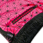 Close up of First Earth Asanoha Pink velvet jogger shorts hip zipper pocket and soft fabric