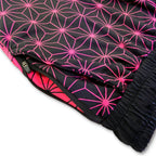 Close up of First Earth Asanoha Pink velvet jogger shorts back zipper pocket and black waistband