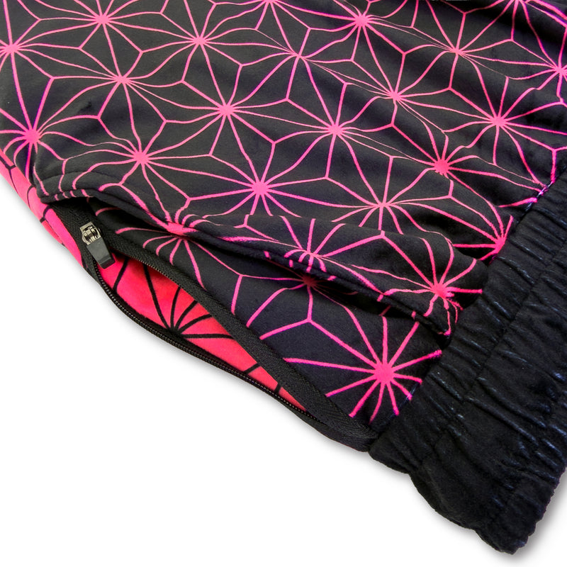 Close up of First Earth Asanoha Pink velvet jogger shorts back zipper pocket and black waistband