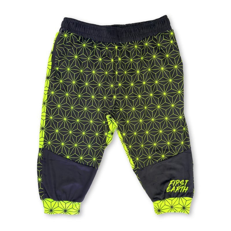 First Earth Asanoha Yellow UV velvet 3/4 jogger shorts front with yellow geometric pattern and black accents