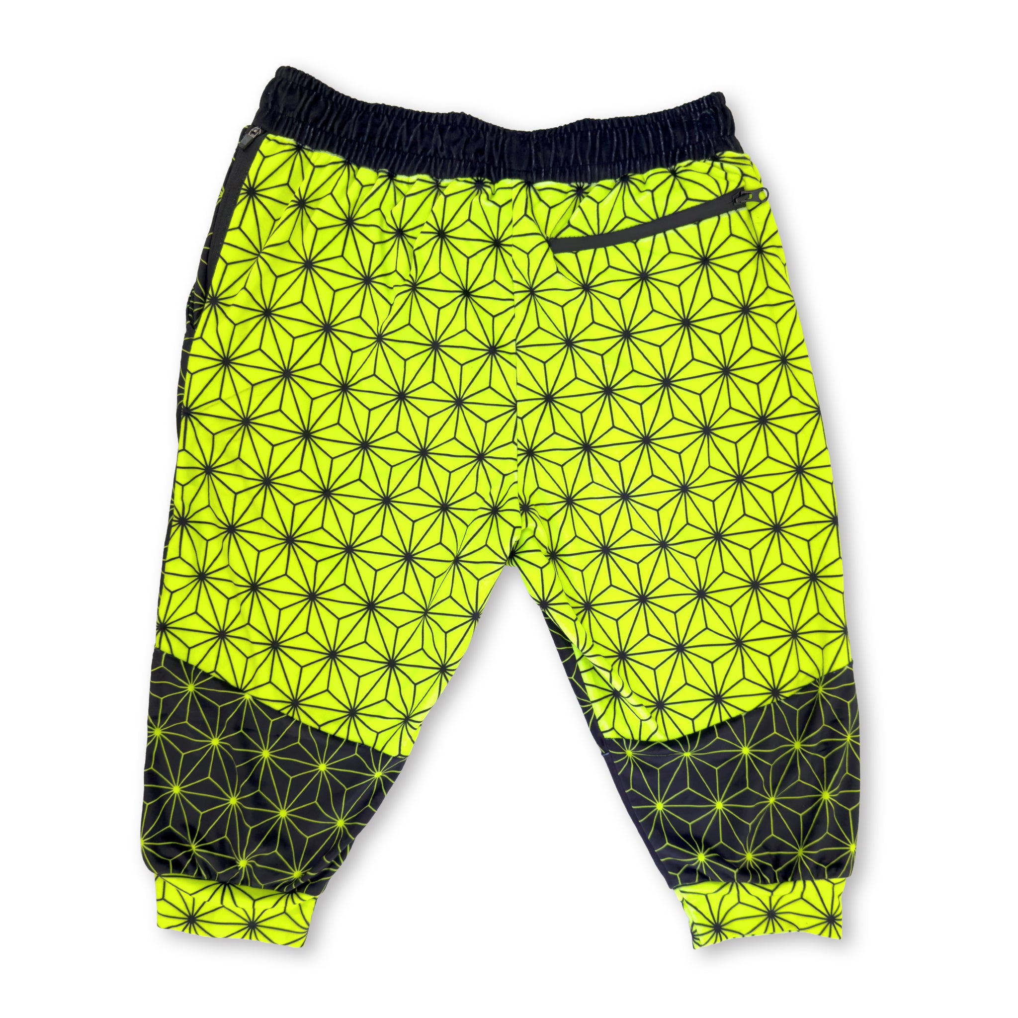 First Earth Asanoha Yellow UV velvet 3/4 jogger shorts back with yellow geometric print and zipper pocket