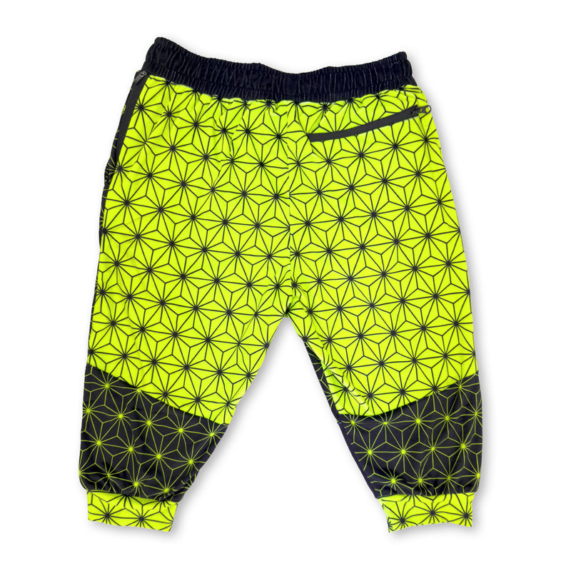 First Earth Asanoha Yellow UV velvet 3/4 jogger shorts back with yellow geometric print and zipper pocket