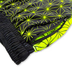 Close up of First Earth Asanoha Yellow velvet jogger shorts back zipper pocket and black waistband