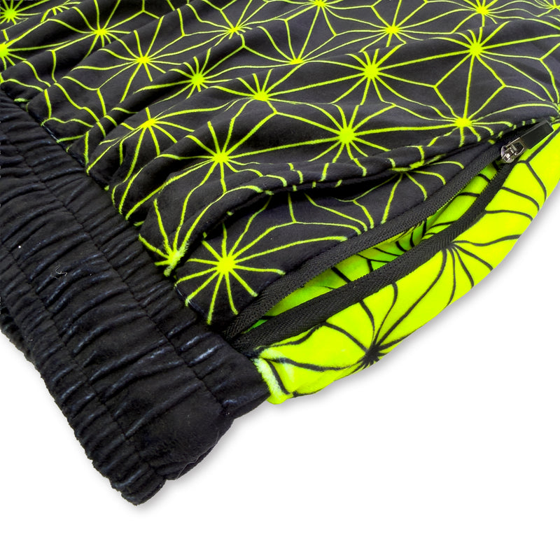Close up of First Earth Asanoha Yellow velvet jogger shorts back zipper pocket and black waistband