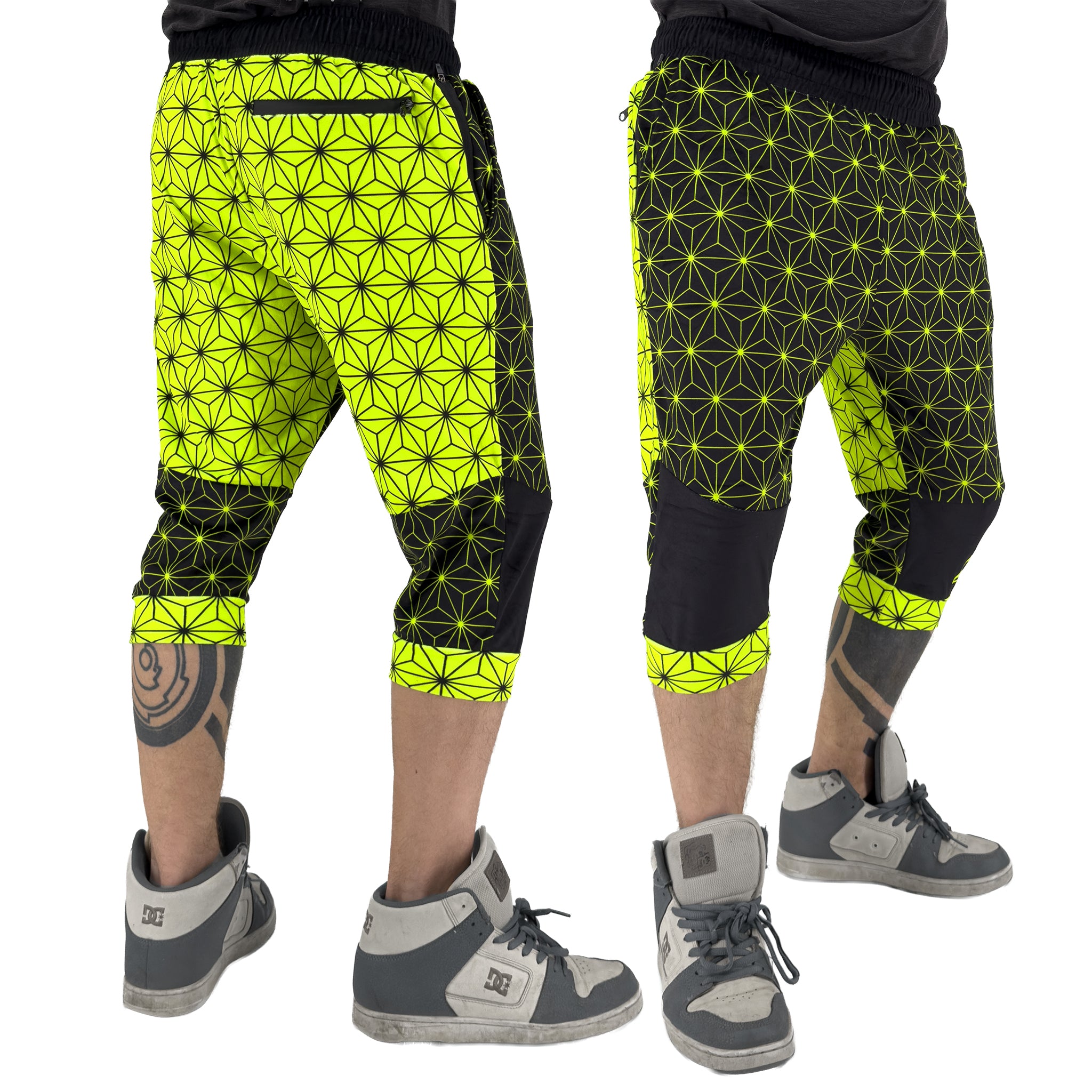 First Earth Asanoha Yellow three-quarter velvet harem shorts on model, showing front and back views with yellow geometric pattern