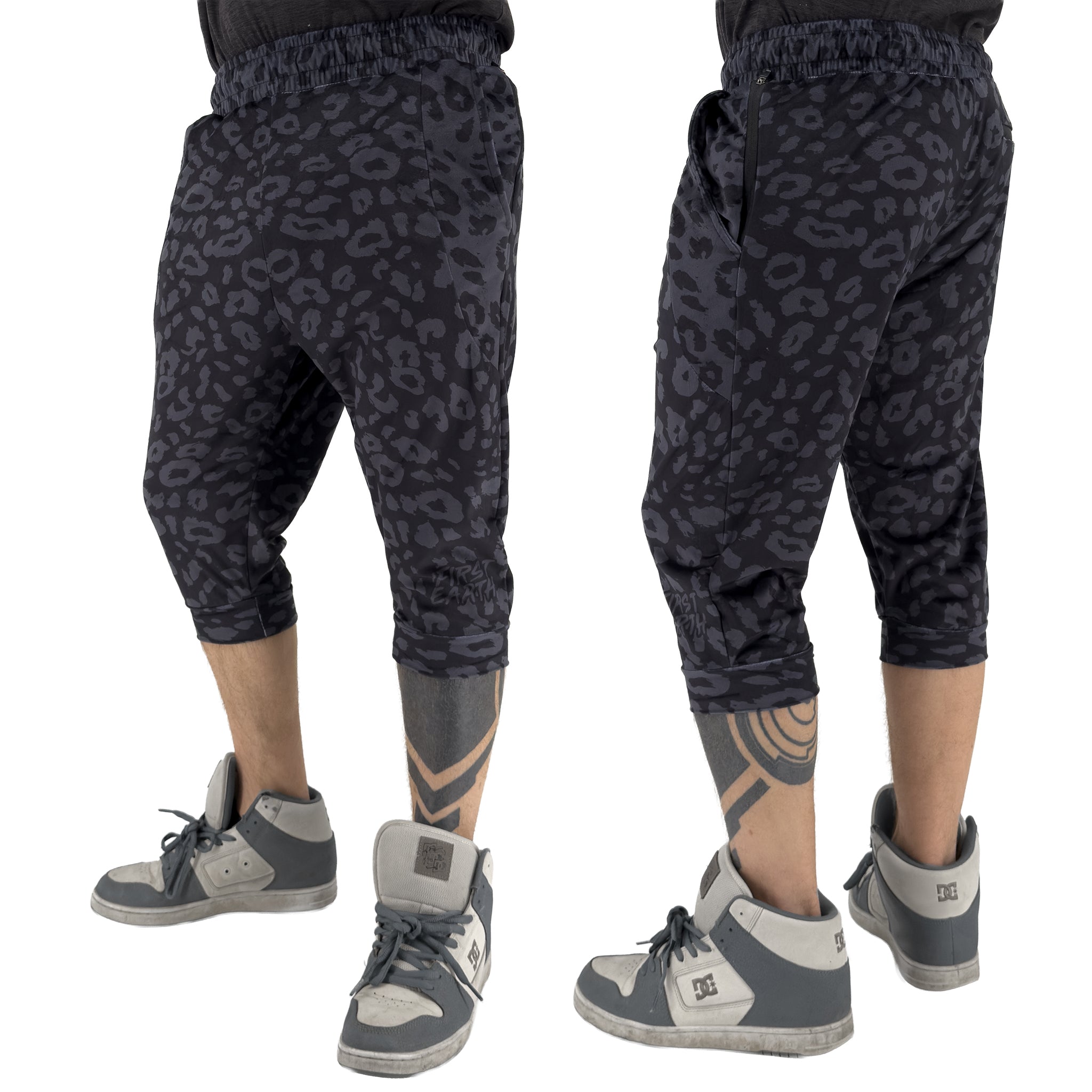 First Earth Midnight Cheetah 3/4 velvet harem shorts on model showing front and back views with dark cheetah print