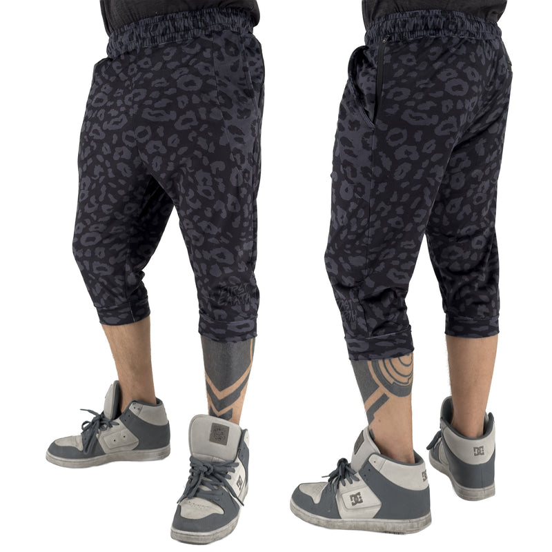 First Earth Midnight Cheetah 3/4 velvet harem shorts on model showing front and back views with dark cheetah print