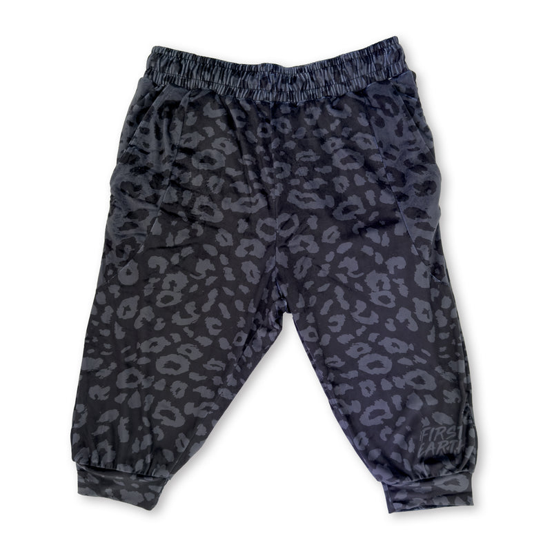 First Earth Midnight Cheetah velvet 3/4 jogger shorts front with dark cheetah print and elastic waistband