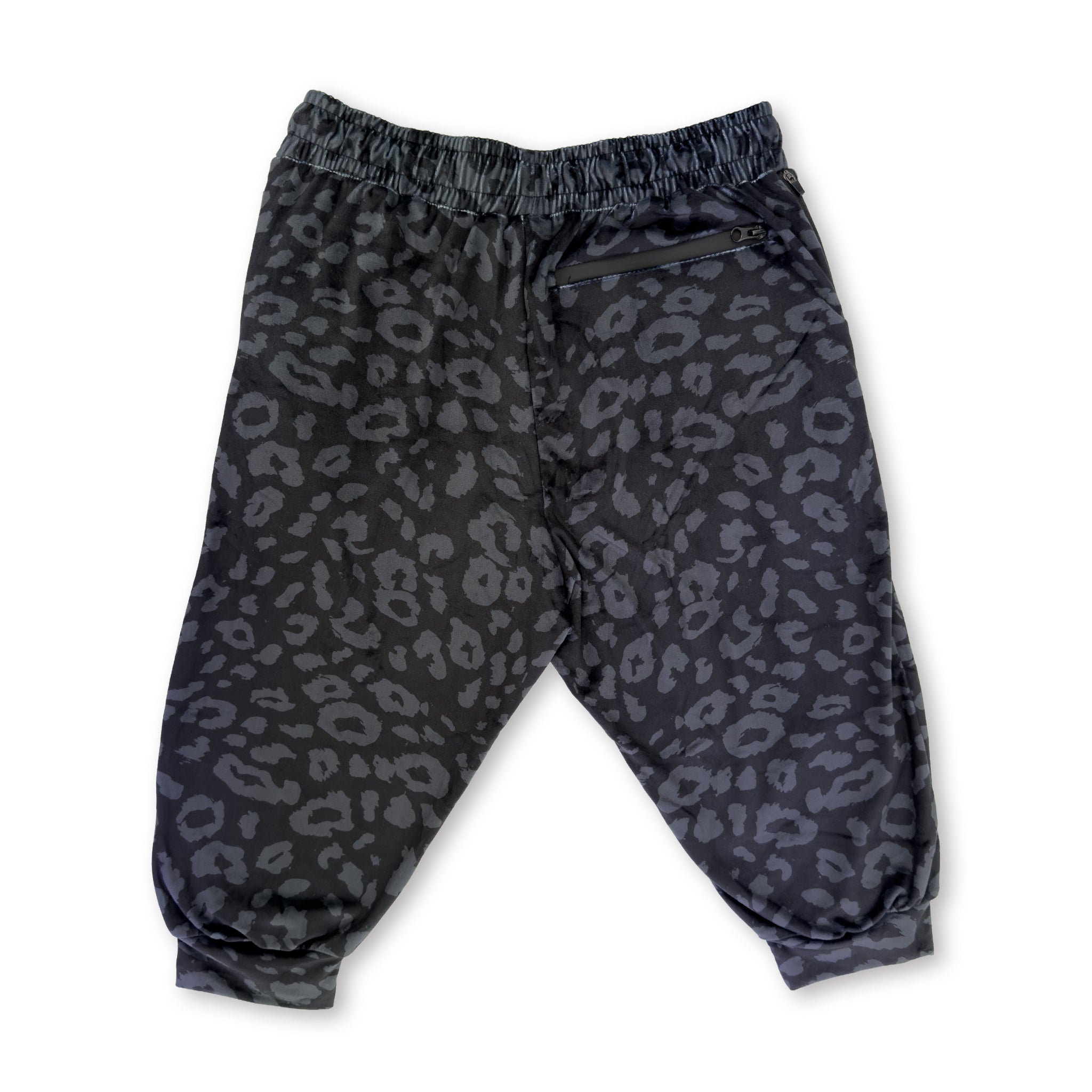 First Earth Midnight Cheetah velvet 3/4 jogger shorts back with dark cheetah print and zipper pocket