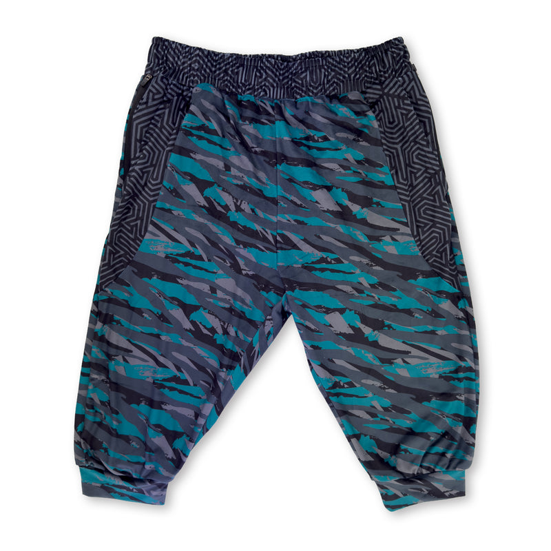 First Earth Shadow velvet 3/4 jogger shorts front with teal gray abstract artwork and geometric waistband