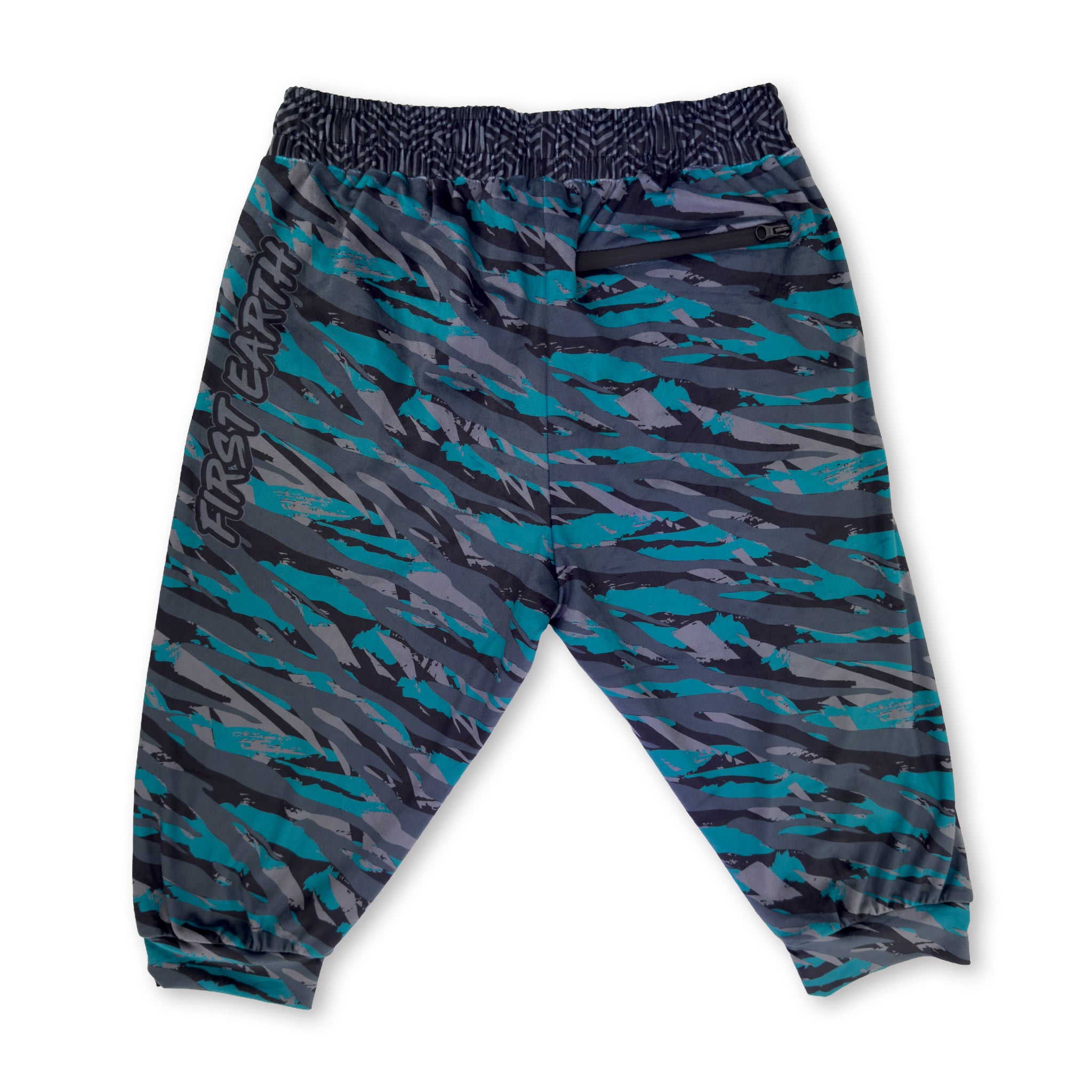 First Earth Shadow velvet 3/4 jogger shorts back with teal gray artwork, logo, and zipper pocket
