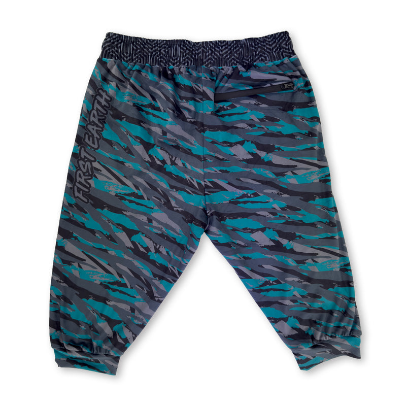 First Earth Shadow velvet 3/4 jogger shorts back with teal gray artwork, logo, and zipper pocket