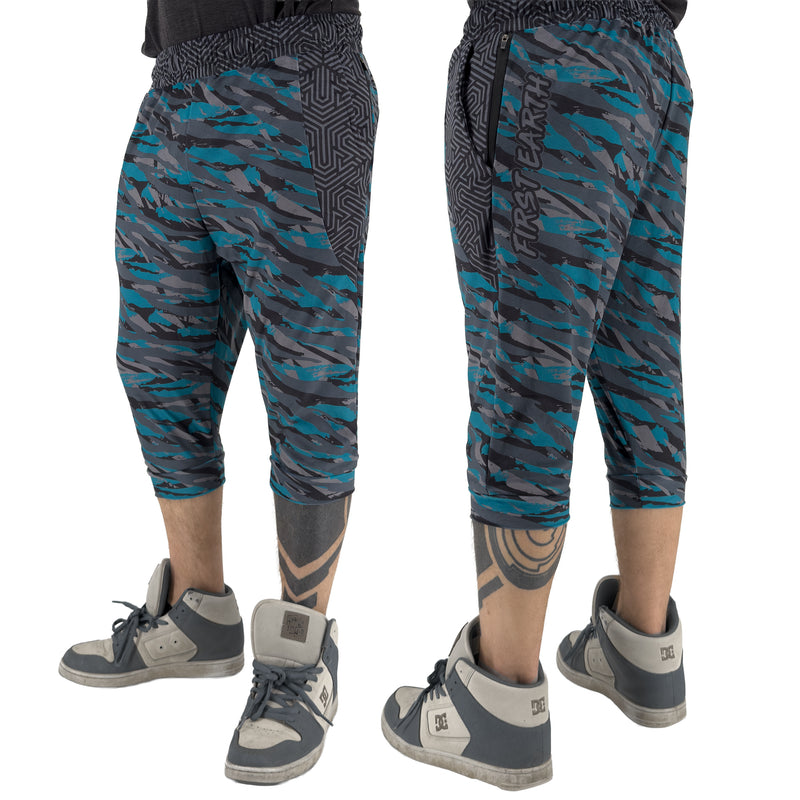First Earth Shadow 3/4 velvet harem shorts on model showing front and back views with teal and grey abstract stripe pattern