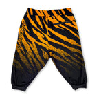 First Earth Sacred Stripes UV velvet 3/4 jogger shorts back with orange and black stripe print and back zipper pocket