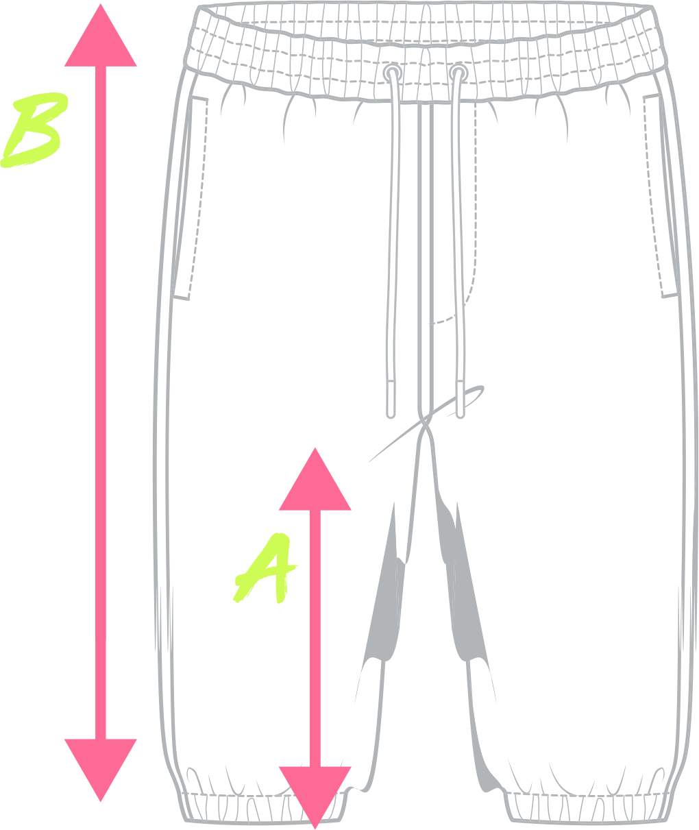 First Earth 3/4 harem shorts size chart showing inseam A and full length B measurement guide