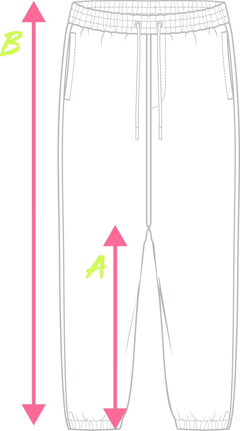 First Earth harem joggers size chart showing inseam A and full length B measurement guide