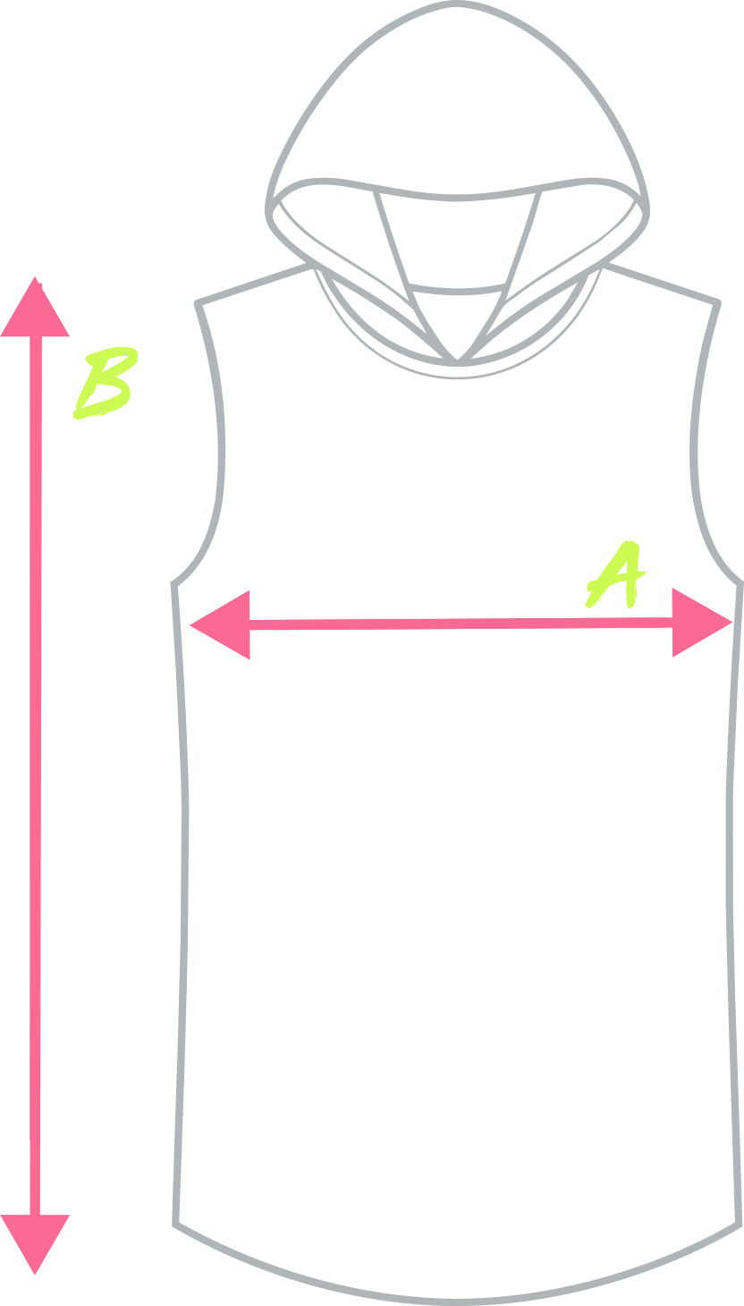 First Earth mesh hooded tank size chart showing chest width A and body length B measurement guide