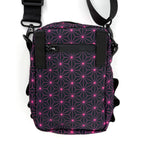 Asanoha pink sling bag by First Earth – lightweight rave bag with glowing sacred geometry print, built for spirited spinning and festivals 