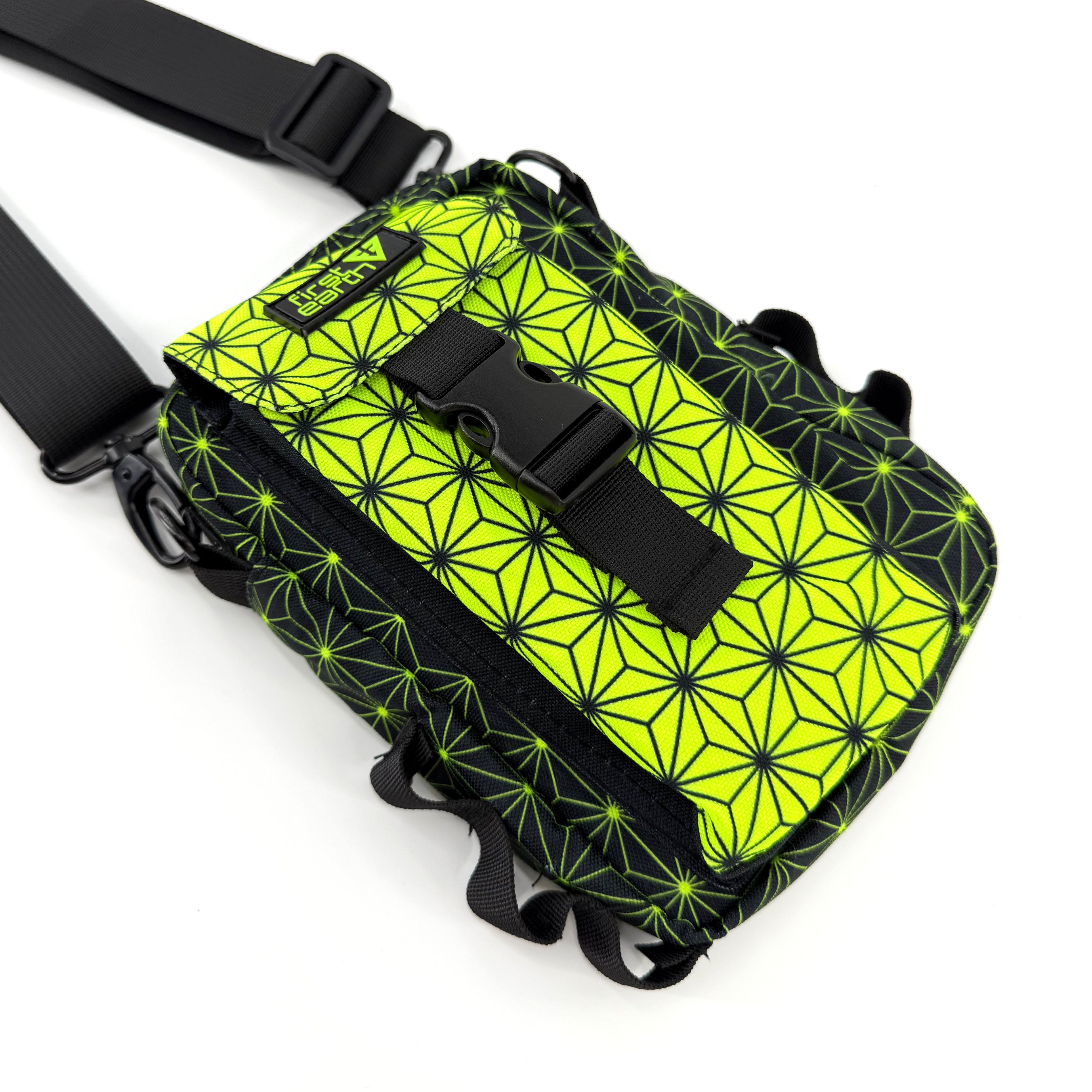Asanoha yellow sling bag by First Earth – festival-tested, rave-ready bag featuring glowing sacred geometry print, ideal for hands-free flow 