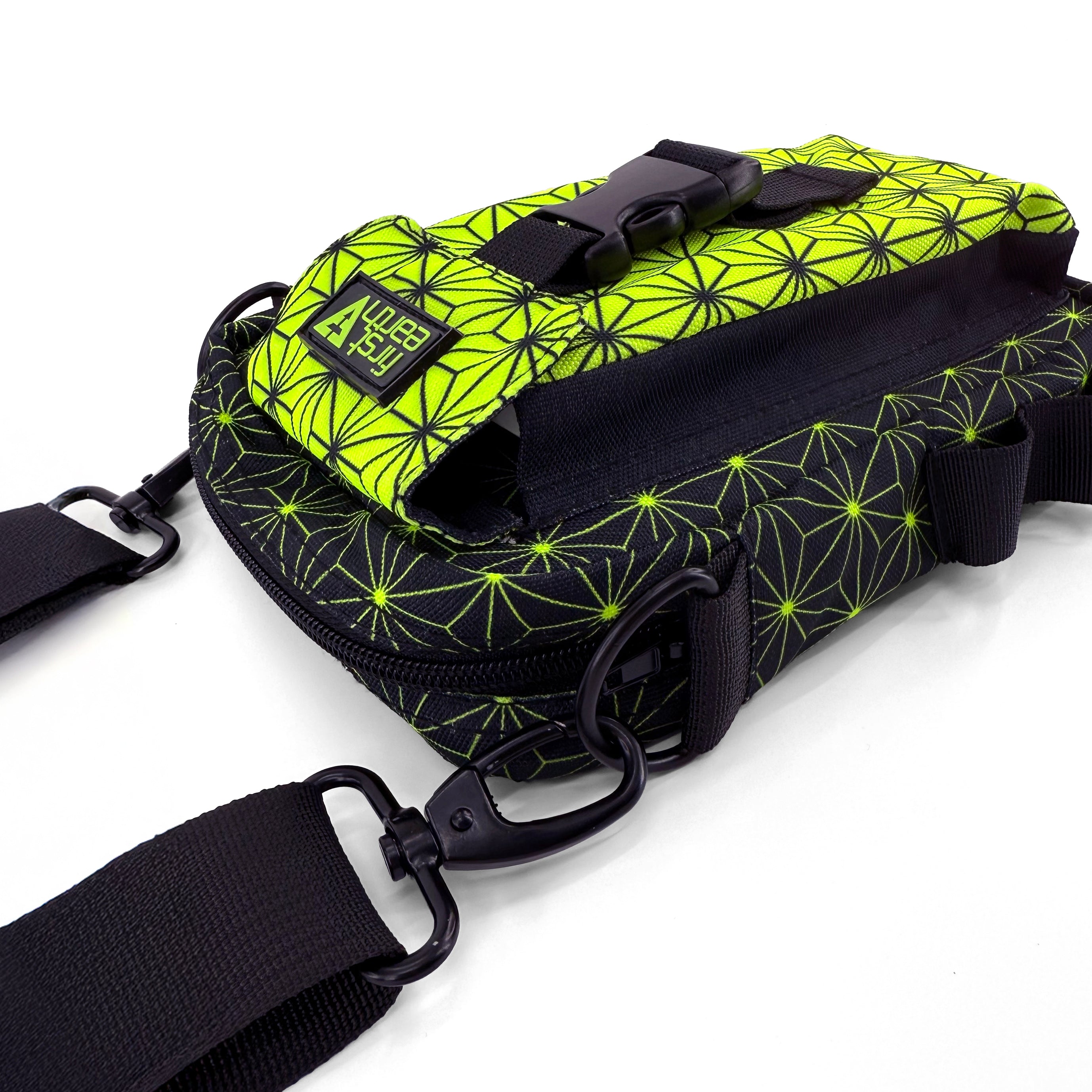Asanoha yellow sling bag by First Earth – festival-tested, rave-ready bag featuring glowing sacred geometry print, ideal for hands-free flow 
