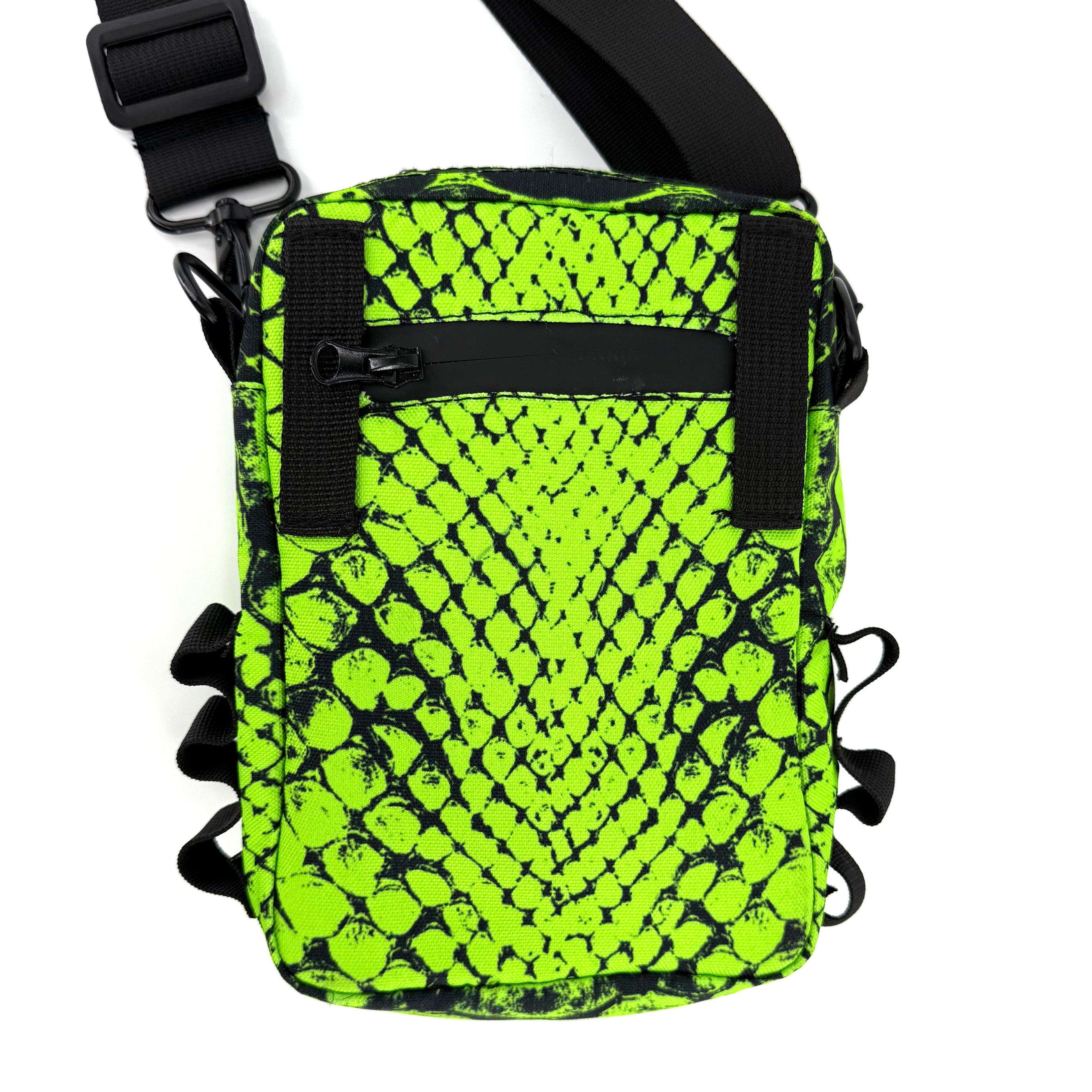 Neon Serpent sling bag by First Earth – lightweight rave bag with glowing serpent artwork, crafted for hands-free festival movement 