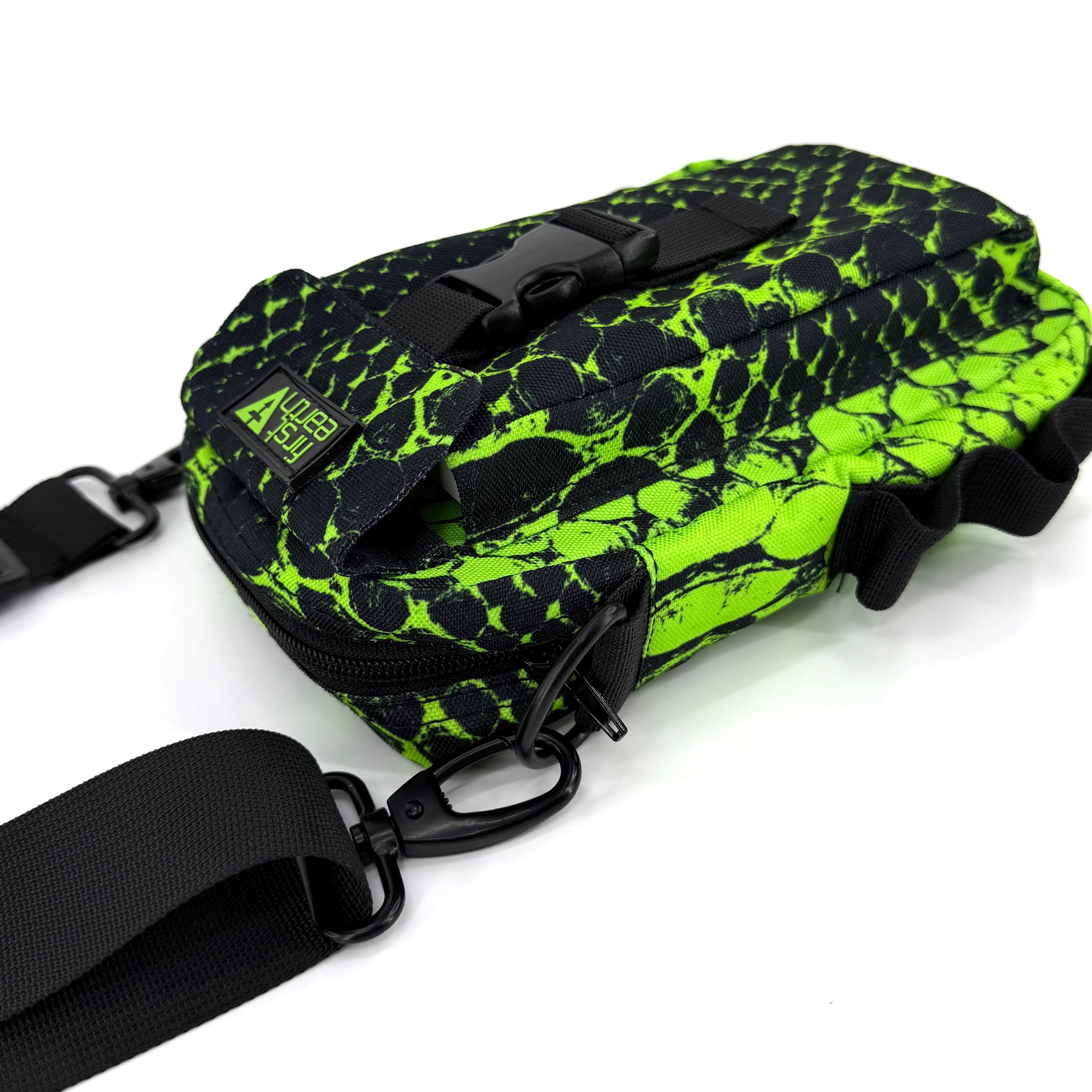 Neon Serpent sling bag by First Earth – lightweight rave bag with glowing serpent artwork, crafted for hands-free festival movement 