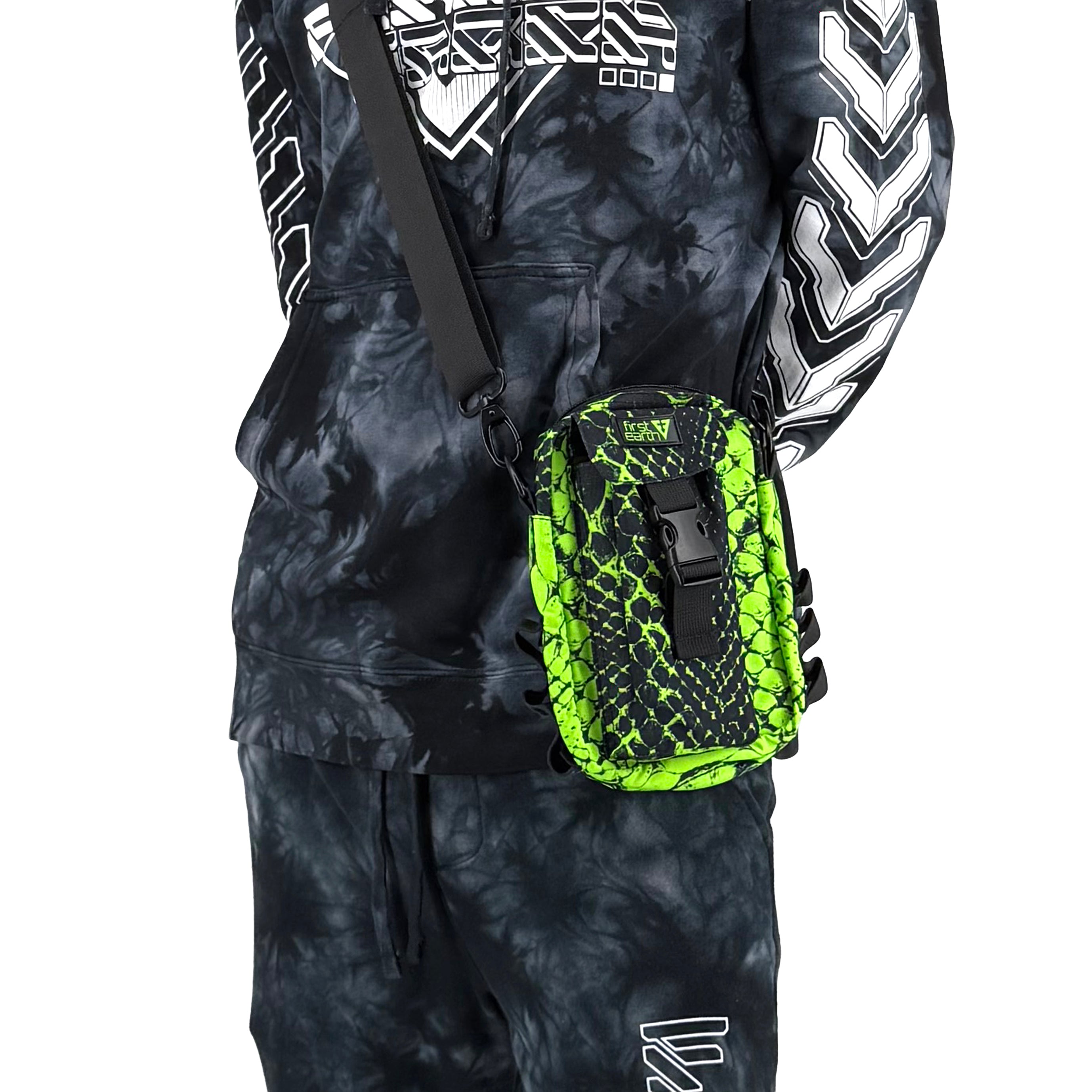 Neon Serpent sling bag by First Earth – lightweight rave bag with glowing serpent artwork, crafted for hands-free festival movement 