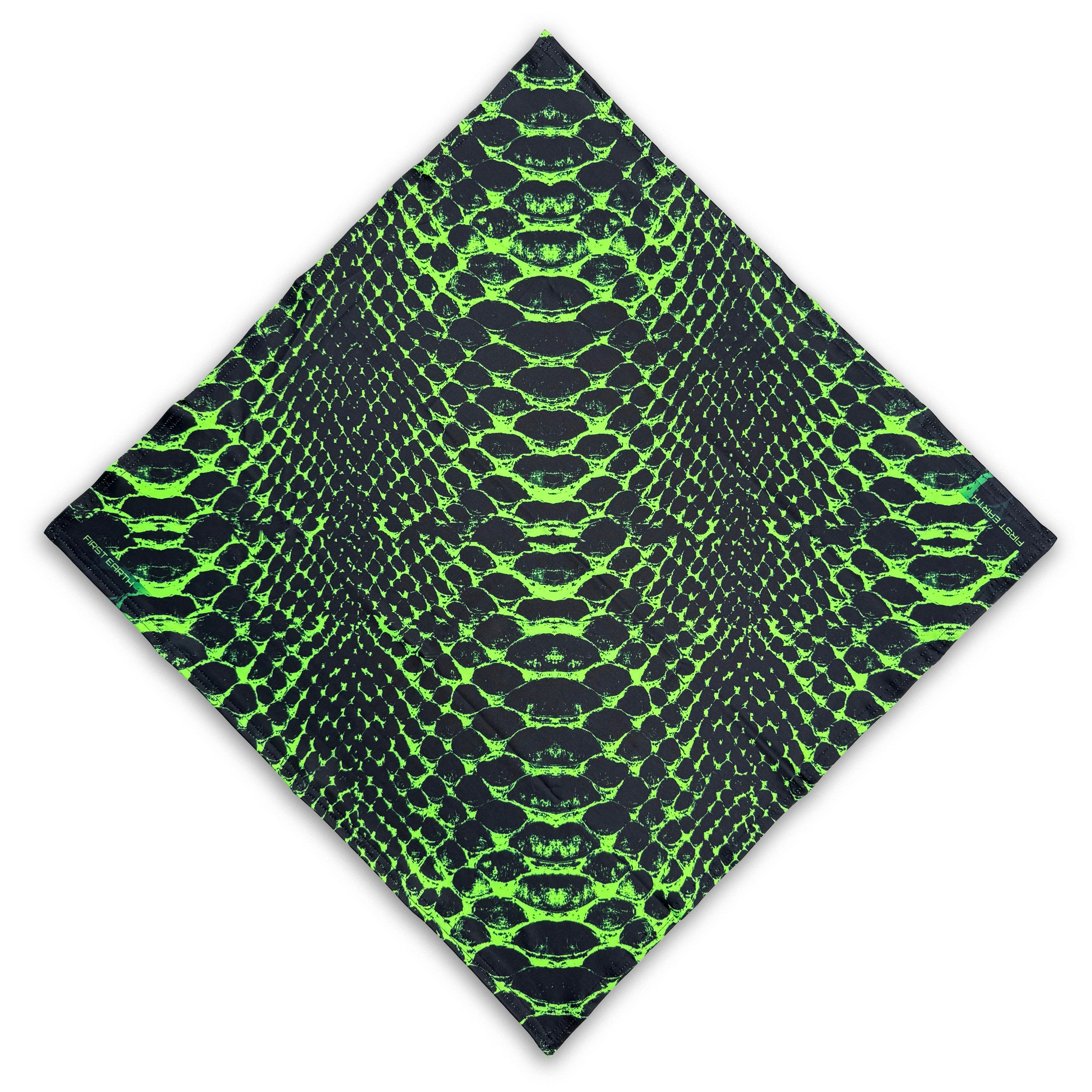 Neon Snake UV glow bandana by First Earth – lightweight rave accessory with glowing serpent design, breathable and UV-reactive for dance floors 