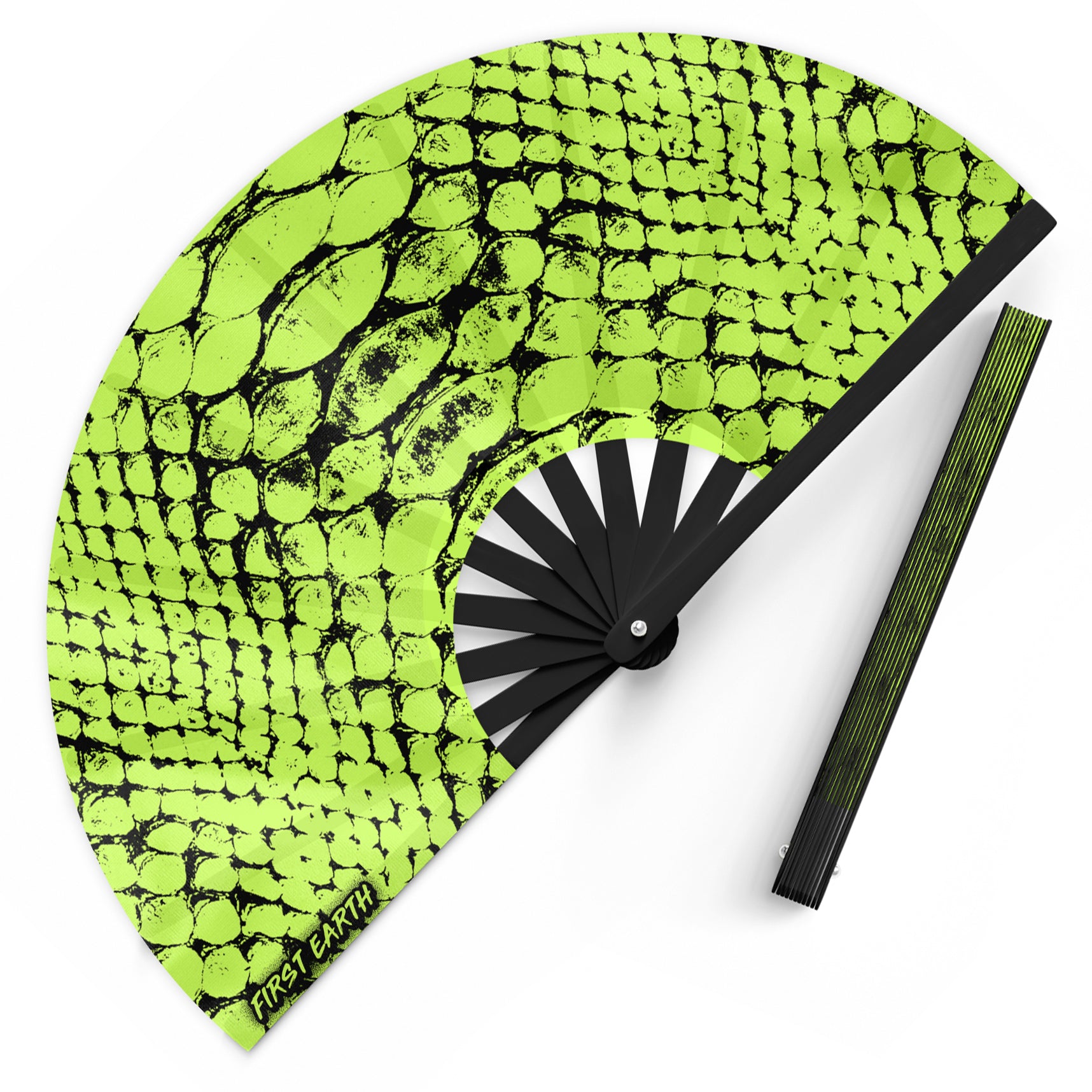 Neon Snake UV glow hand fan by First Earth – radiant rave fan with glowing serpent design, bamboo ribs, and vibrant poly fabric—great for summer sets