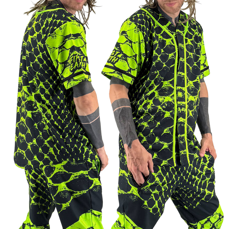 Neon Serpent UV baseball jersey by First Earth – oversized rave jersey with glowing serpent design under blacklight and breathable comfort 