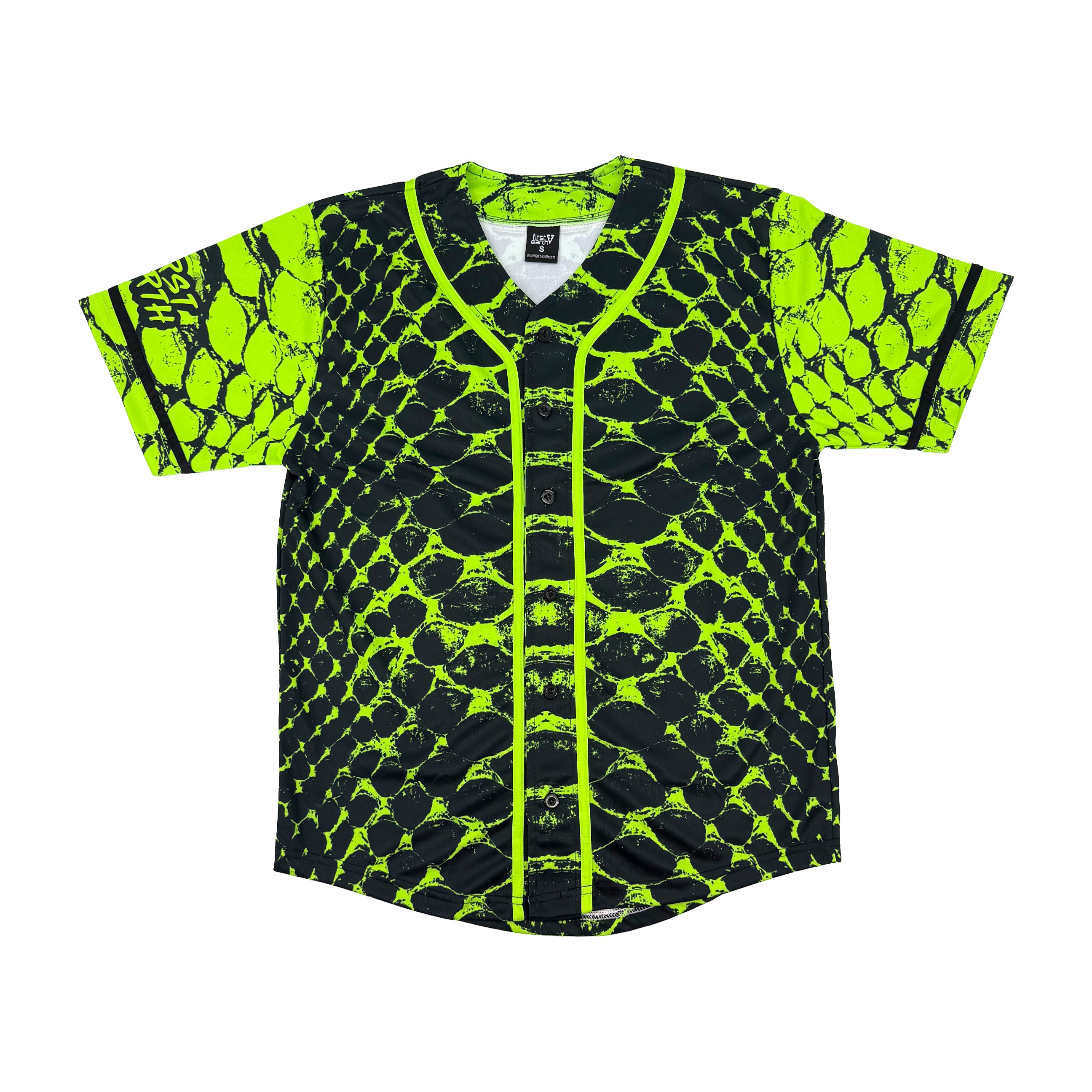 Neon Serpent UV baseball jersey by First Earth – oversized rave jersey with glowing serpent design under blacklight and breathable comfort 