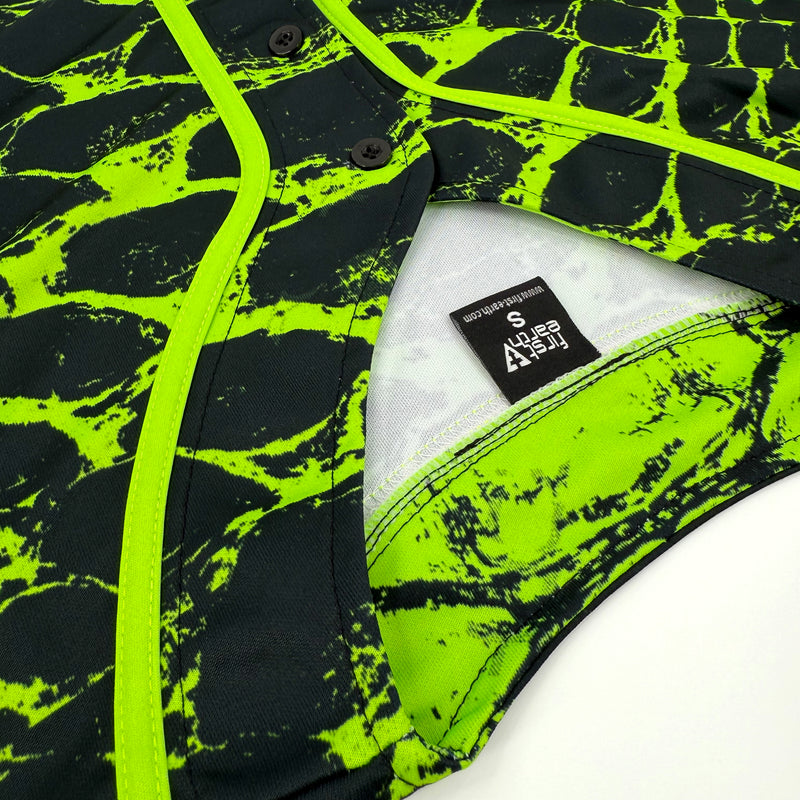 Neon Serpent UV baseball jersey by First Earth – oversized rave jersey with glowing serpent design under blacklight and breathable comfort 