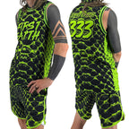 Neon Serpent UV basketball jersey by First Earth – lightweight, breathable mesh rave jersey with glowing serpent design that shines under blacklight 