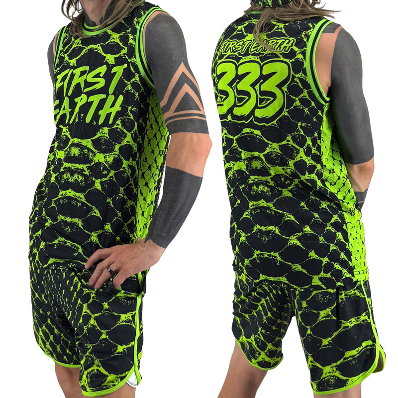 Neon Serpent UV basketball jersey by First Earth – lightweight, breathable mesh rave jersey with glowing serpent design that shines under blacklight 