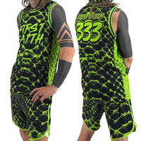 Neon Serpent UV basketball jersey by First Earth – lightweight, breathable mesh rave jersey with glowing serpent design that shines under blacklight 