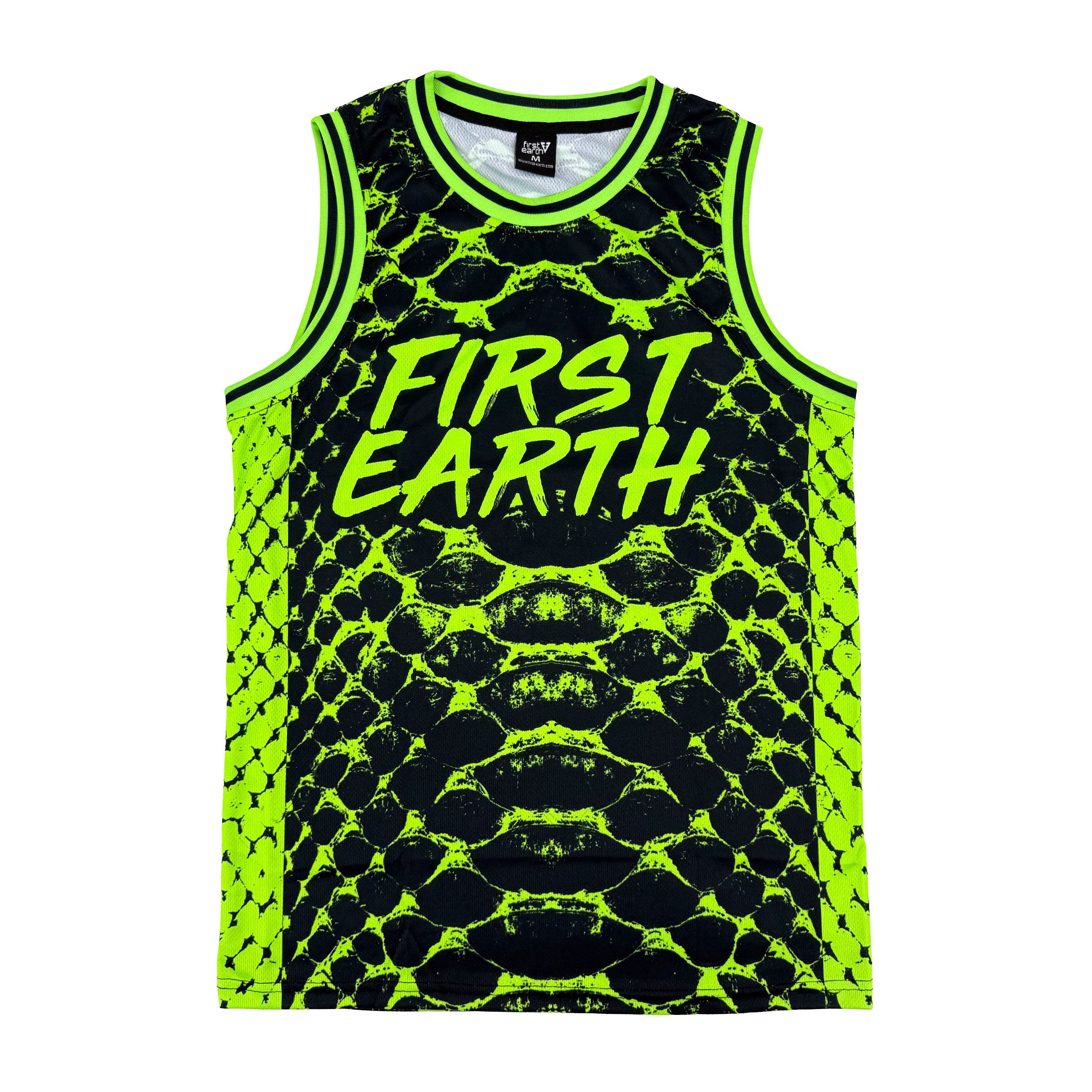 Neon Serpent UV basketball jersey by First Earth – lightweight, breathable mesh rave jersey with glowing serpent design that shines under blacklight 