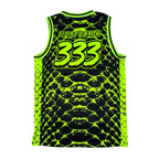 Neon Serpent UV basketball jersey by First Earth – lightweight, breathable mesh rave jersey with glowing serpent design that shines under blacklight 