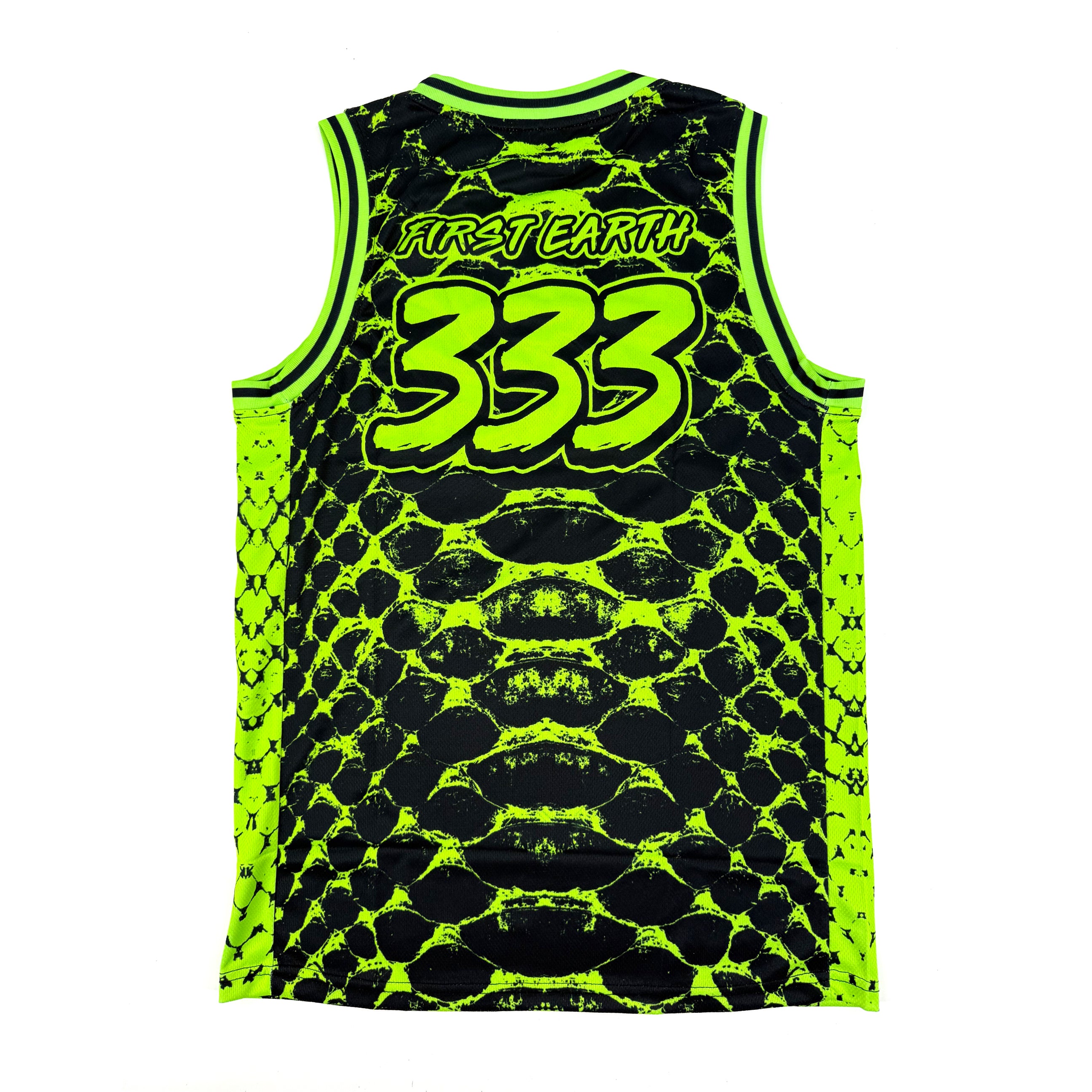 Neon Serpent UV basketball jersey by First Earth – lightweight, breathable mesh rave jersey with glowing serpent design that shines under blacklight 