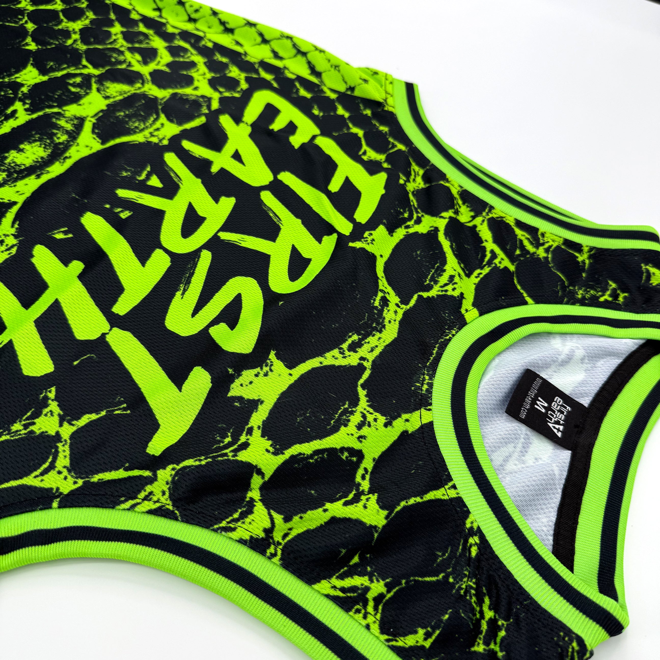 Neon Serpent UV basketball jersey by First Earth – lightweight, breathable mesh rave jersey with glowing serpent design that shines under blacklight 