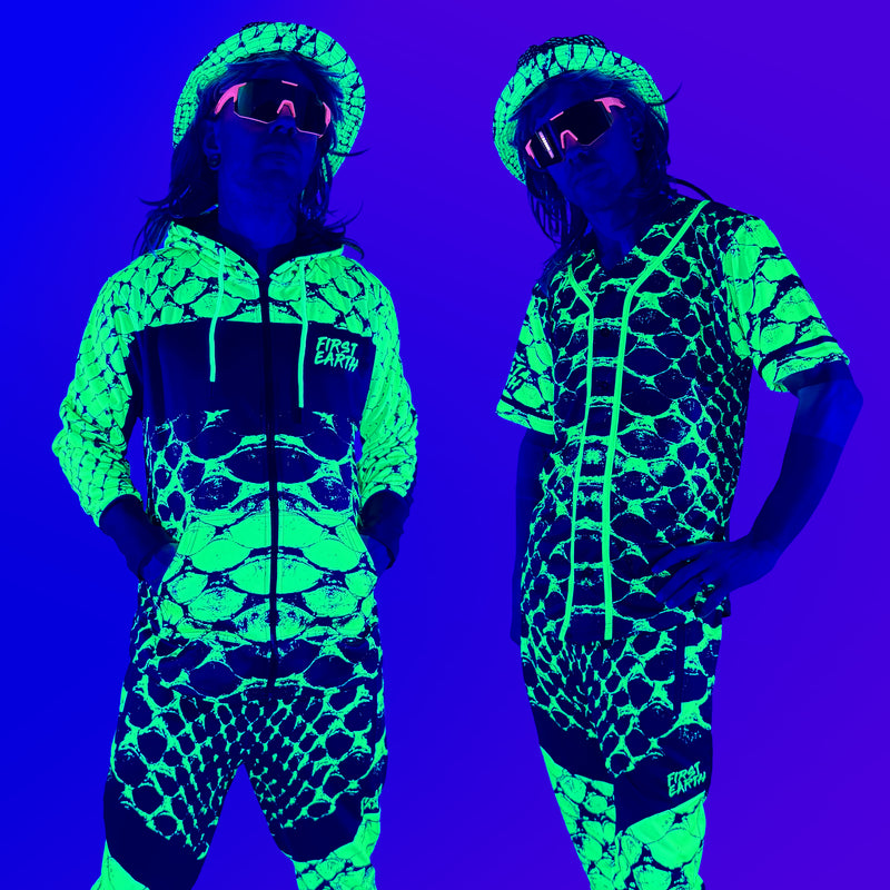 Neon Serpent UV apparel by First Earth – rave-ready collection including hoodies, jerseys, hats, and joggers with glowing design that shines under blacklight, built for festivals and flow arts