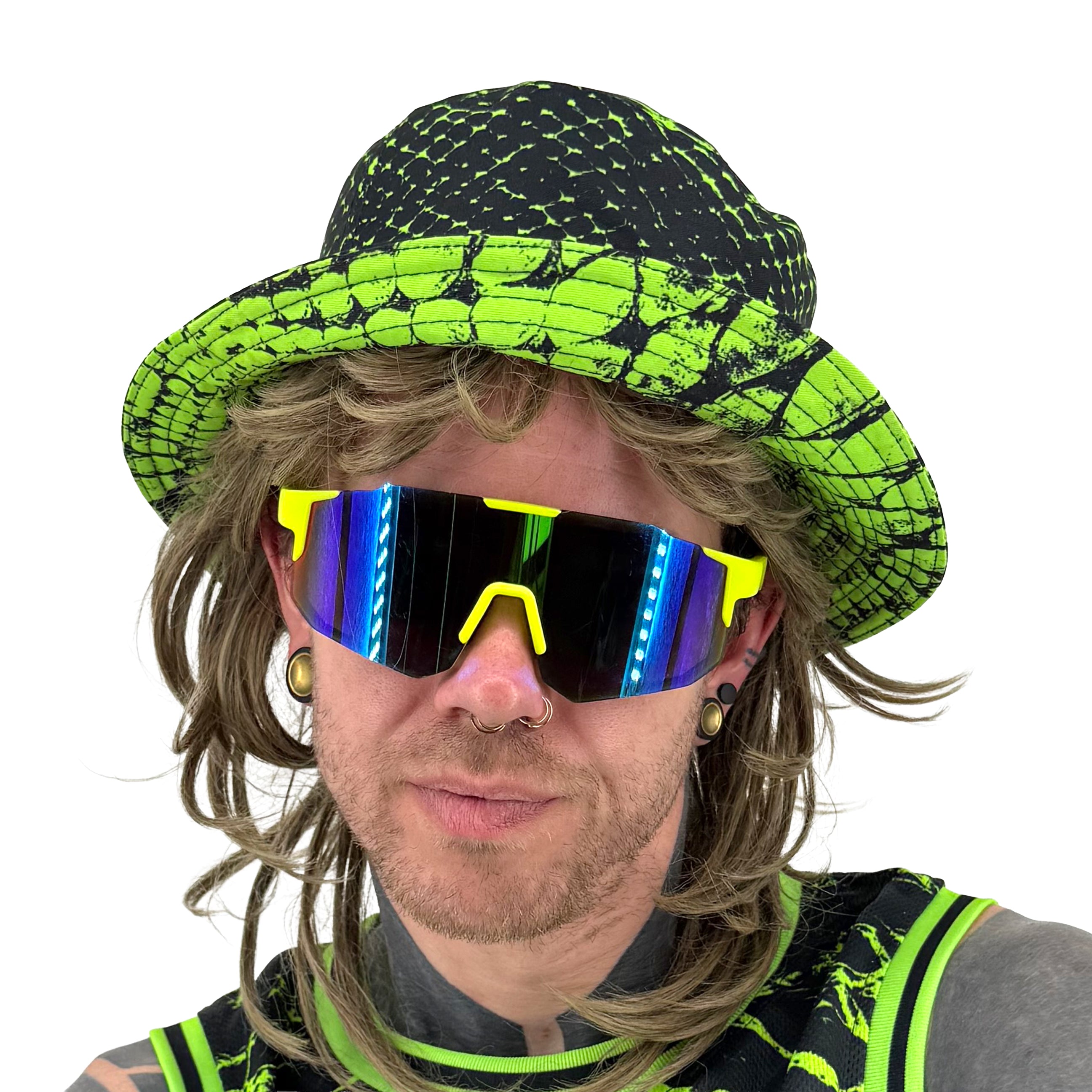 Neon Serpent UV bucket hat by First Earth – reversible rave hat with glowing serpent design on both sides, lightweight and breathable for sun-safe festival flow 