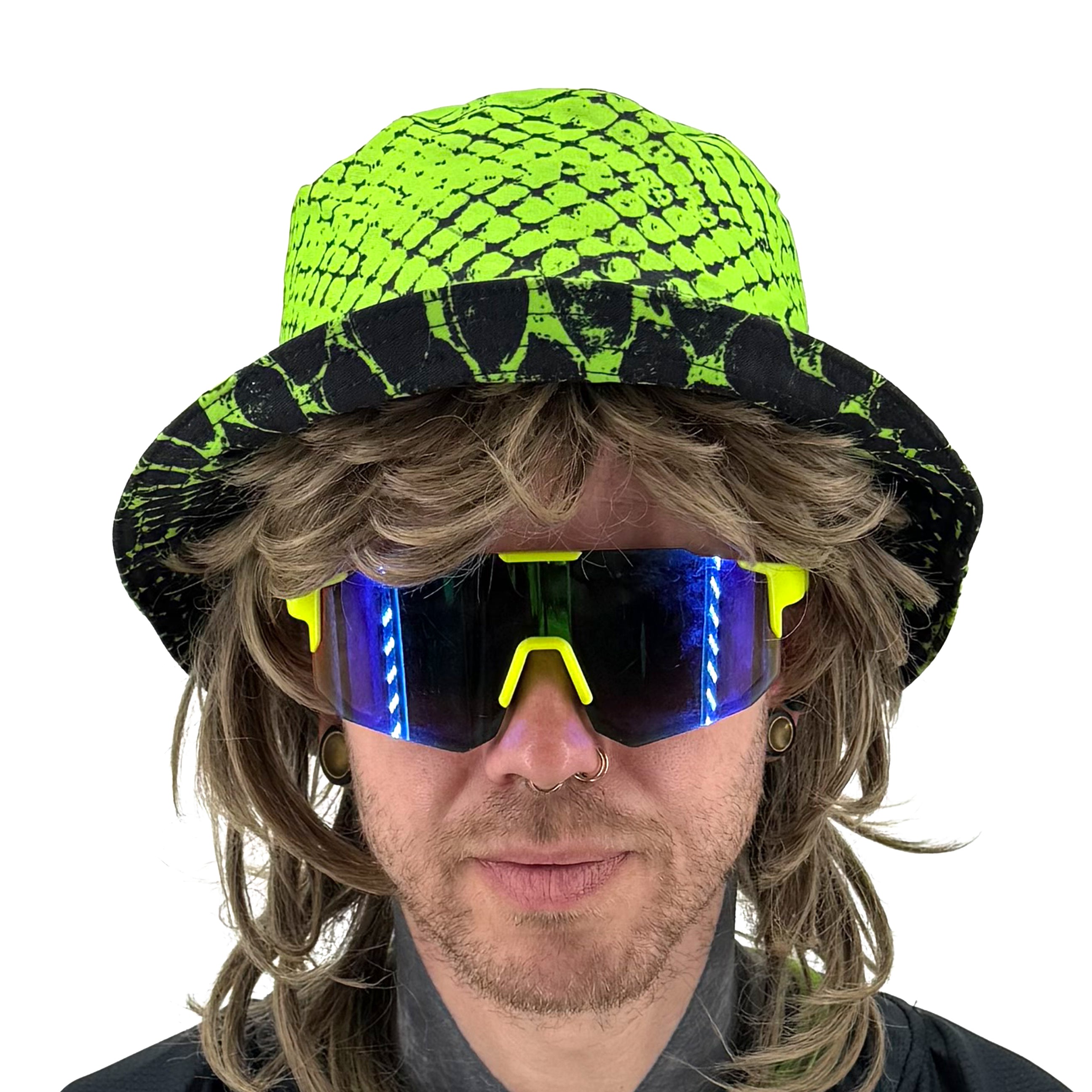 Neon Serpent UV bucket hat by First Earth – reversible rave hat with glowing serpent design on both sides, lightweight and breathable for sun-safe festival flow 