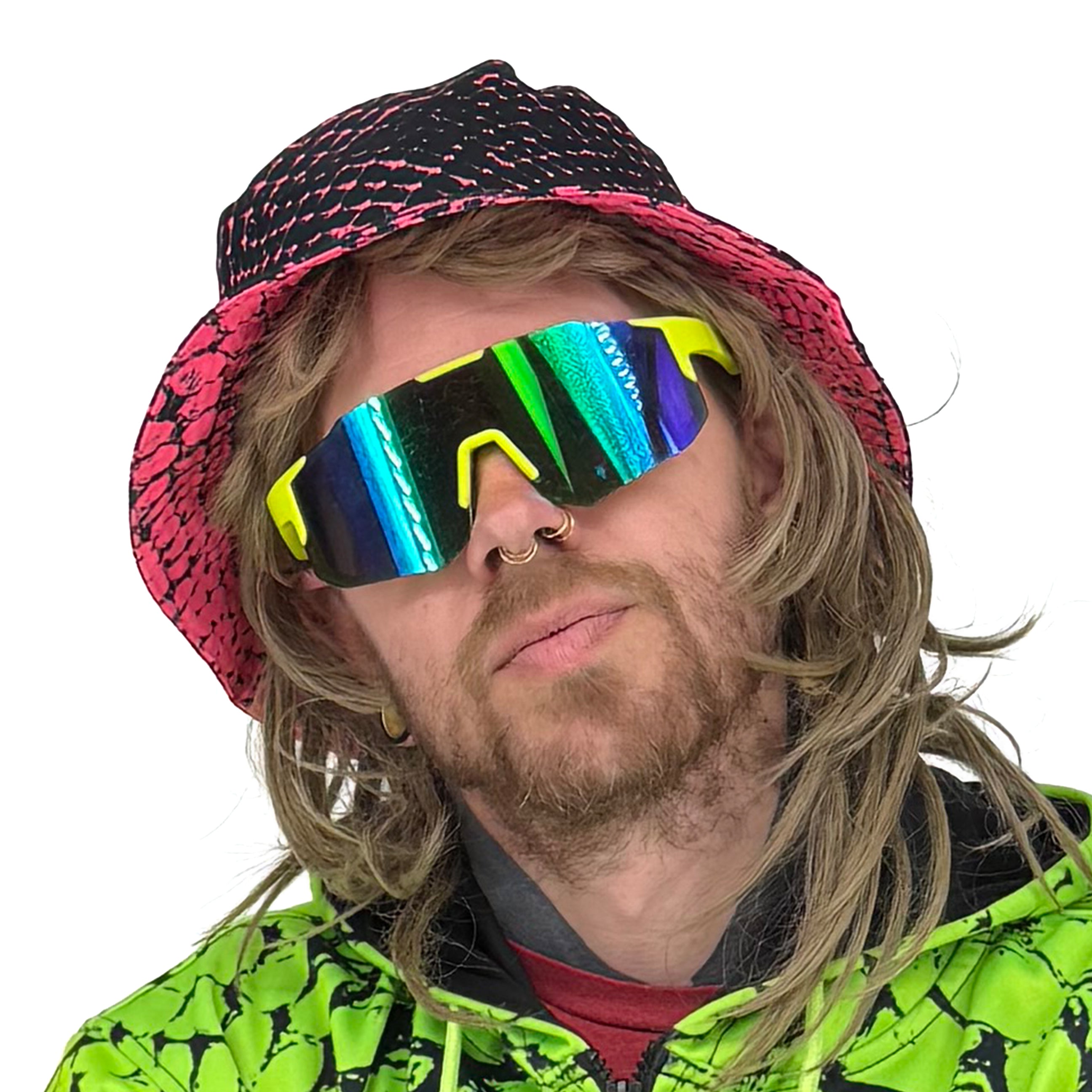 Neon Serpent Pink UV Bucket Hat by First Earth – reversible UV reactive hat for rave fashion and festivals