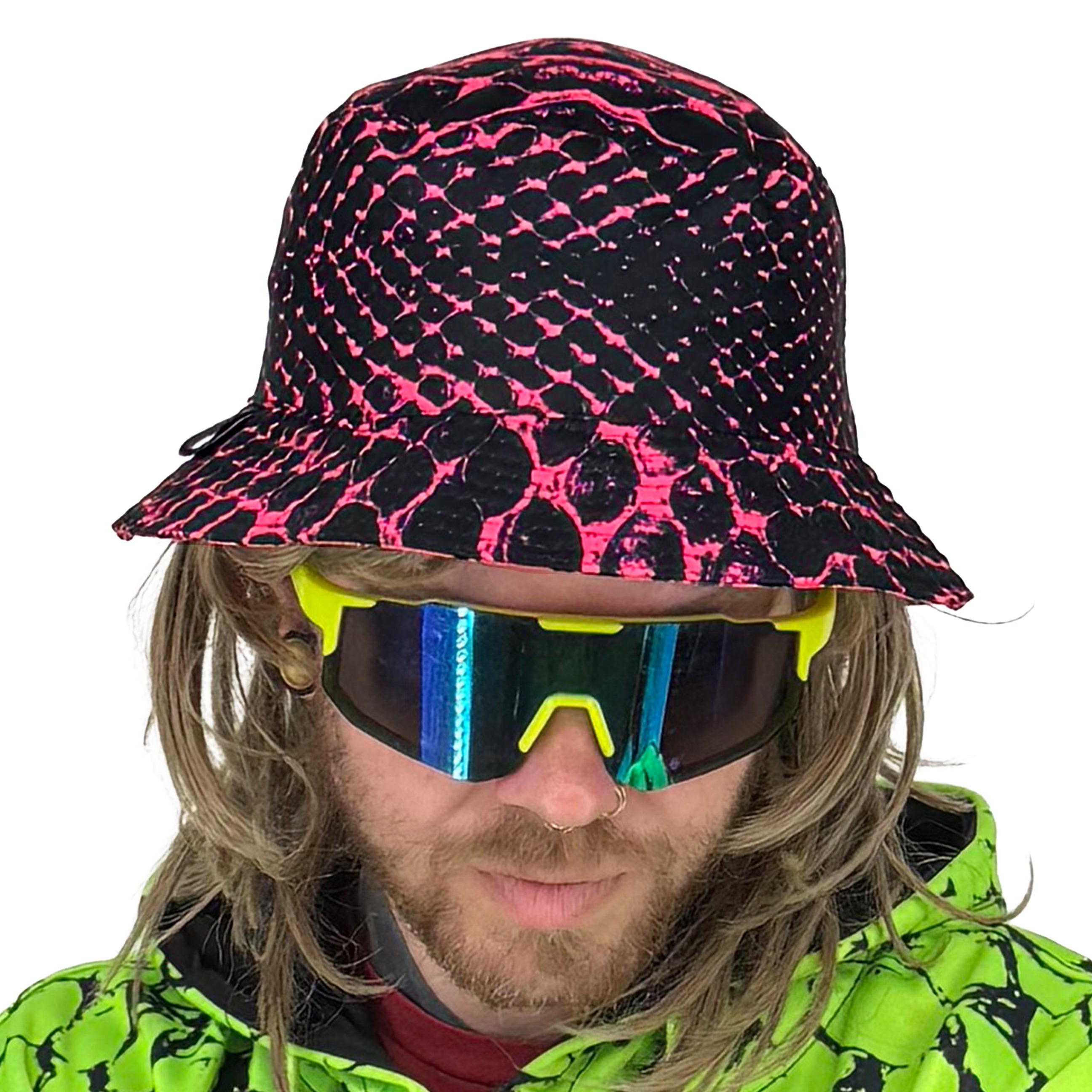 Neon Serpent Pink UV Bucket Hat by First Earth – reversible UV reactive hat for rave fashion and festivals