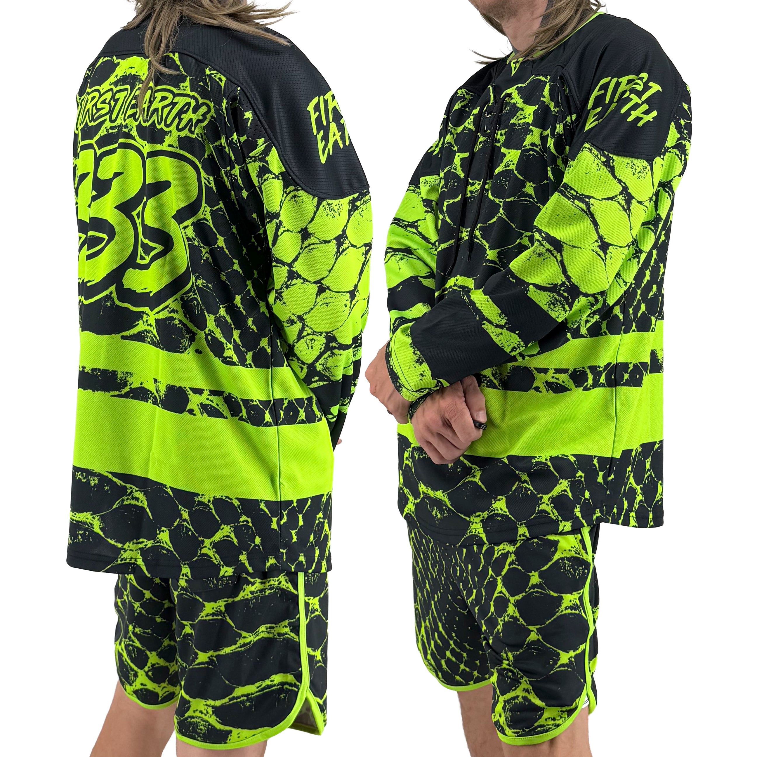 Neon Serpent UV hockey jersey by First Earth – oversized rave jersey with glowing serpent design and breathable comfor