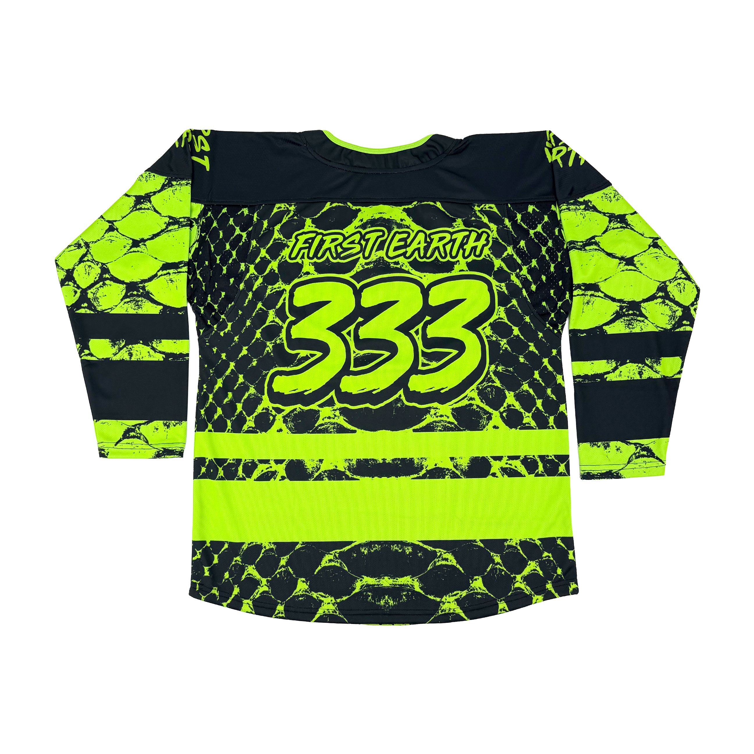 Neon Serpent UV hockey jersey by First Earth – oversized rave jersey with glowing serpent design and breathable comfor