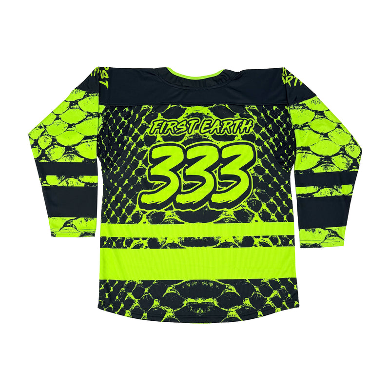 Neon Serpent UV hockey jersey by First Earth – oversized rave jersey with glowing serpent design and breathable comfor